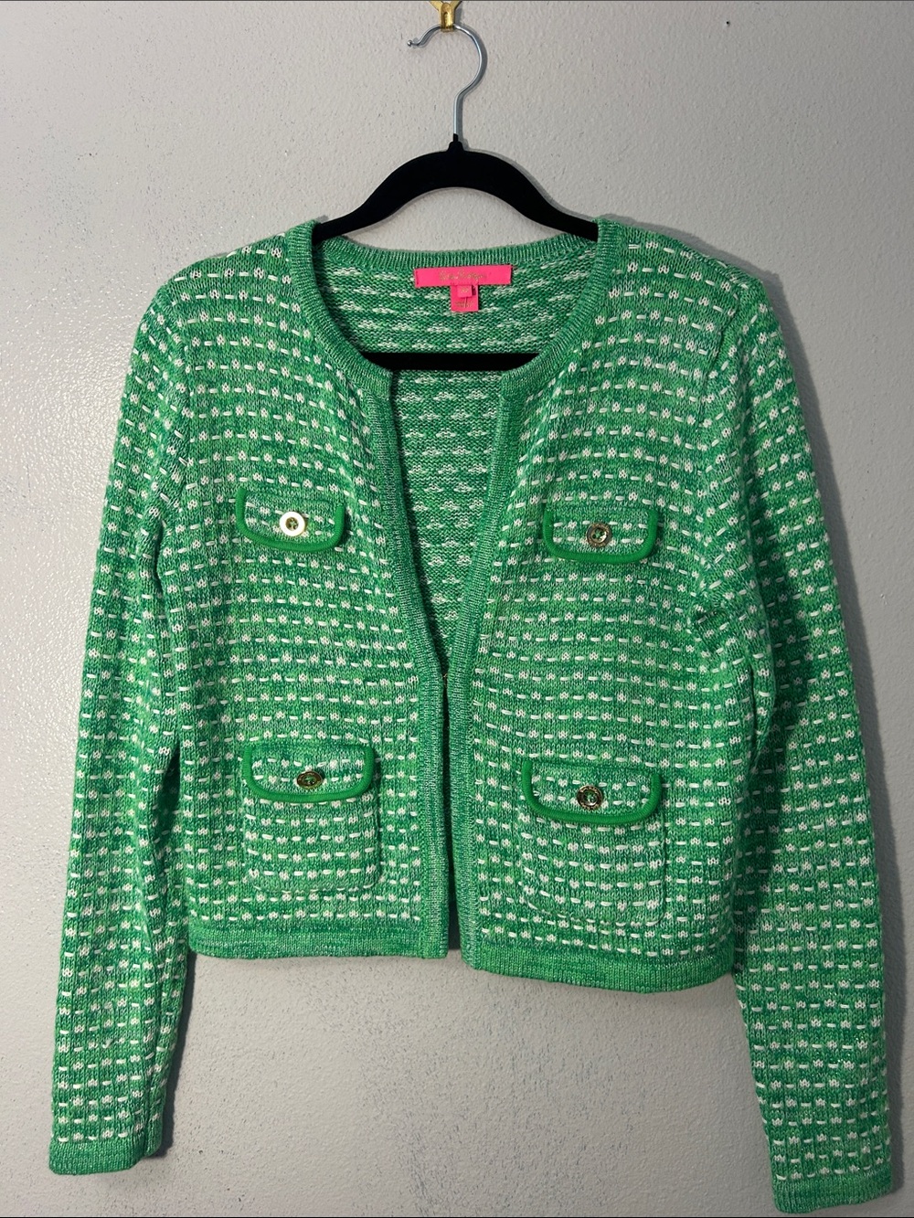 Lilly Pulitzer Green White Tweed Knit Open Front Cardigan Jacket XS